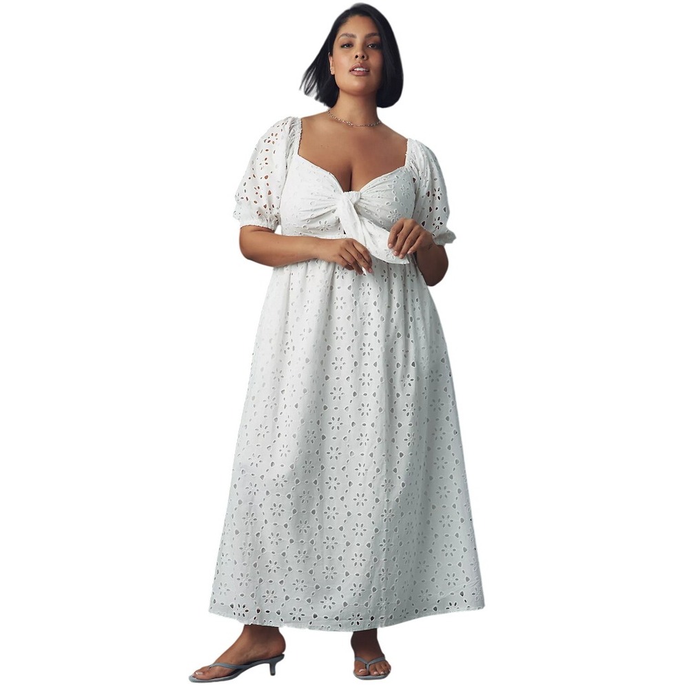 Eloquii Plus Short-Sleeve Tie-Neck White Eyelet Maxi Dress Wedding Party Size 24